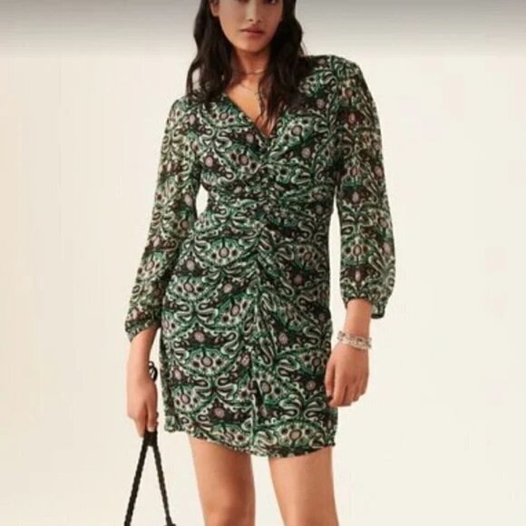ba&sh Dresses & Skirts - NEW Ba&sh Fanny Ruched Mini Dress - Green Motif - size Large